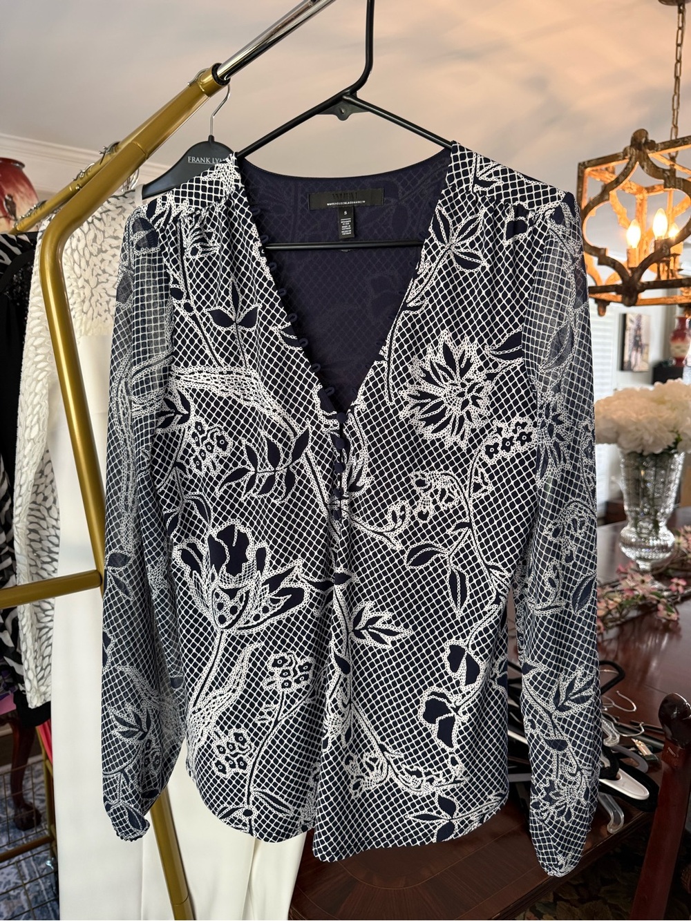 White House Black Market Navy and White Floral Lace-Print V-Neck Blouse